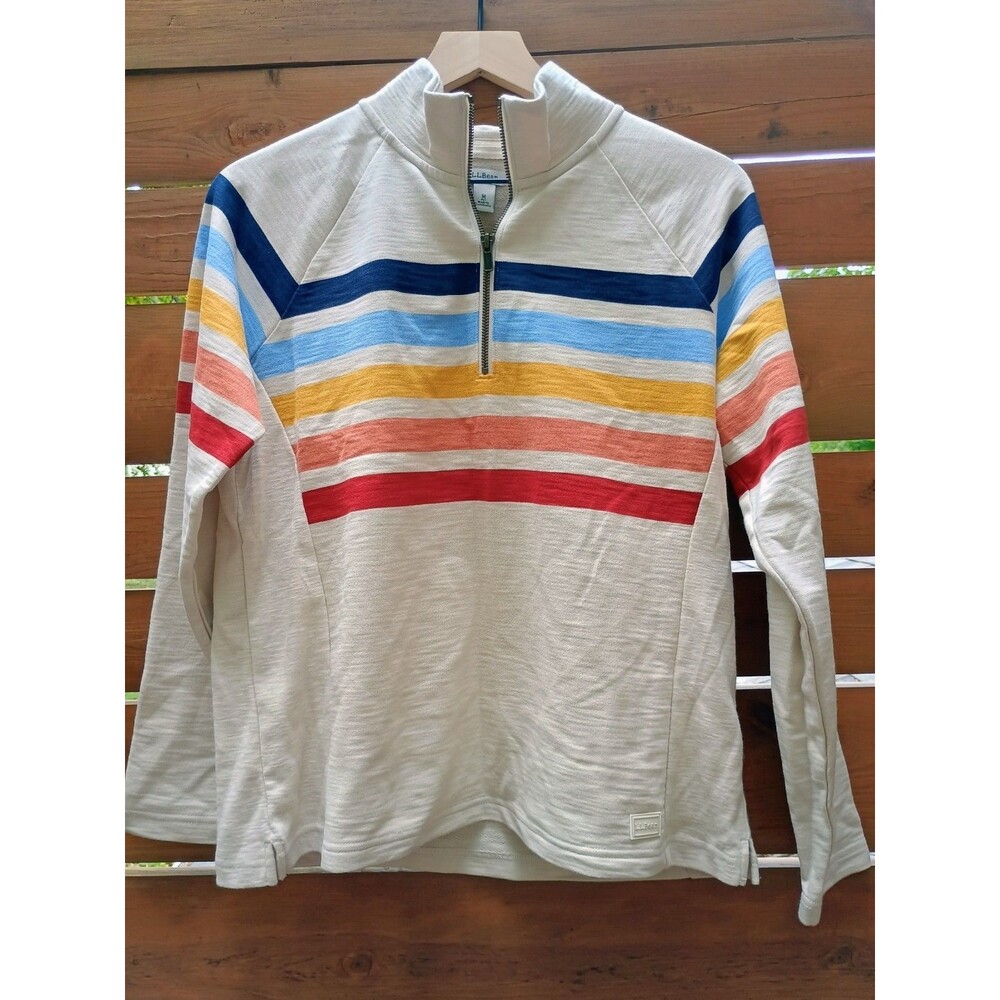 LL Bean Ladies Peak Islands Quarter Zip Pullover Stripe Rainbow Medium Petite